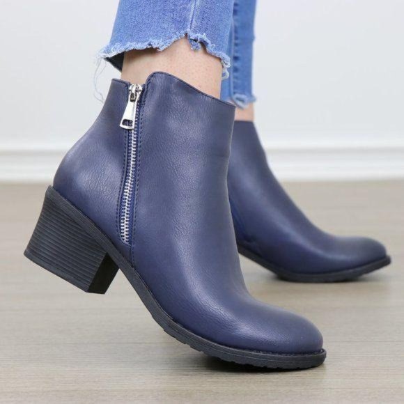 Shoes - Navy Faux Leather Ankle Boots Silver Zipper Block Heel
